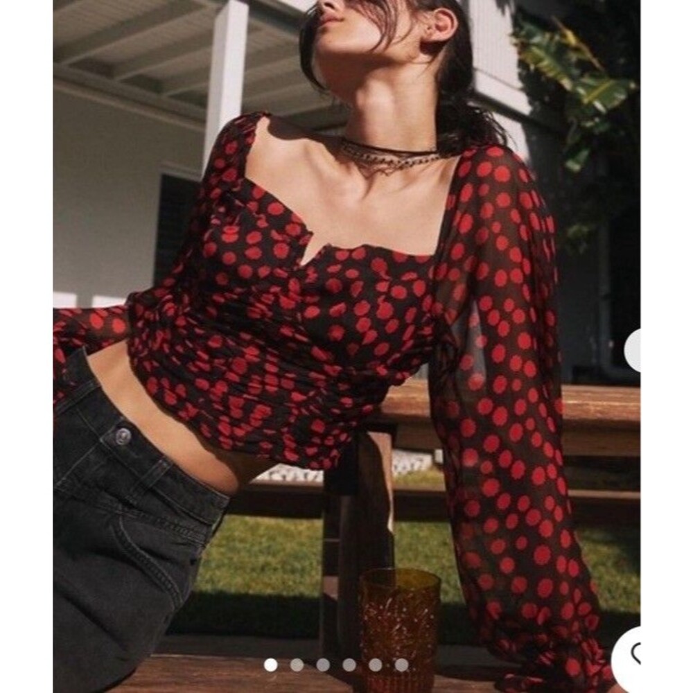 Free People Blouse Womens M Black Red Polka Dot Cropped Balloon Sleeve Top